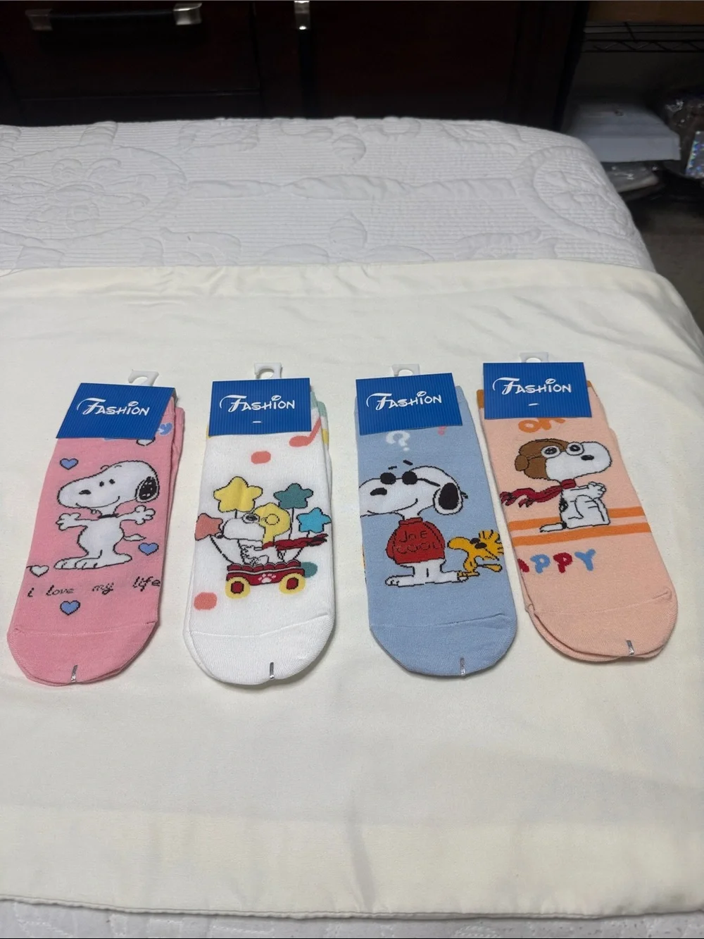 Sets of 12 Kids Snoopy Cartoon Ankle Socks - Pink, White, Blue, Peach